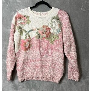 Vtg Penbrooke Lane Pink Floral Applique Pearl Knit Sweater Medium Cottagecore